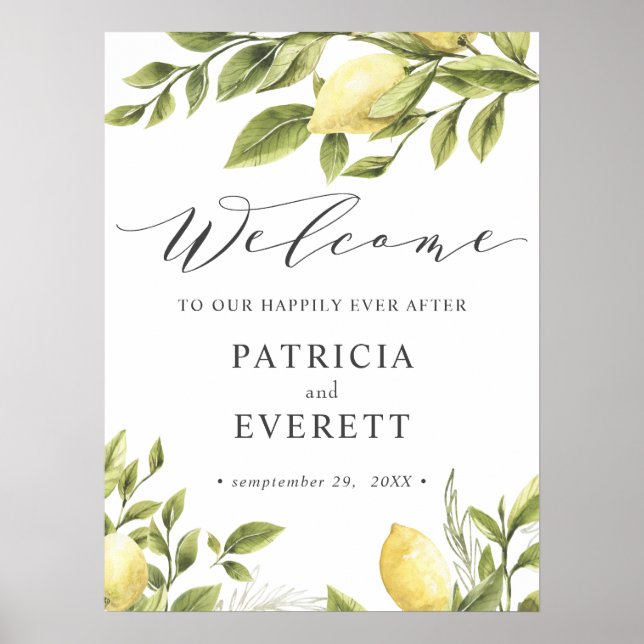 Poster Citrons et feuilles Boho Mariage Bienvenue (Devant)