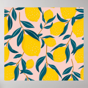 Poster citrons illustrés : motif transparent rose