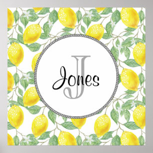 Poster Citrons jaunes avec Monogramme Motif vert