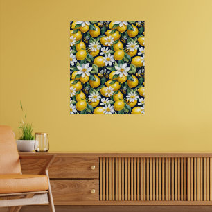 Poster Citrons jaunes frais avec abeilles affairées et fl