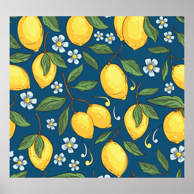 Poster Citrons jaunes : Motif de fruits tropicaux. (Devant)