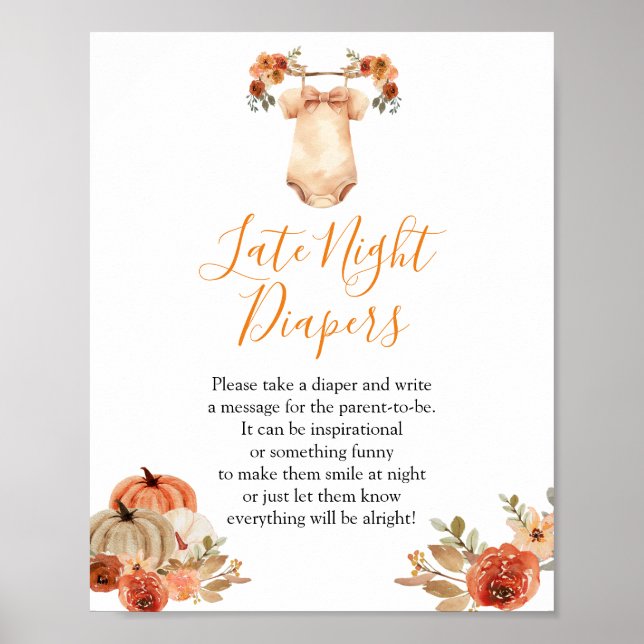 Poster Citrouille automne Baby shower floral tard la nuit (Devant)