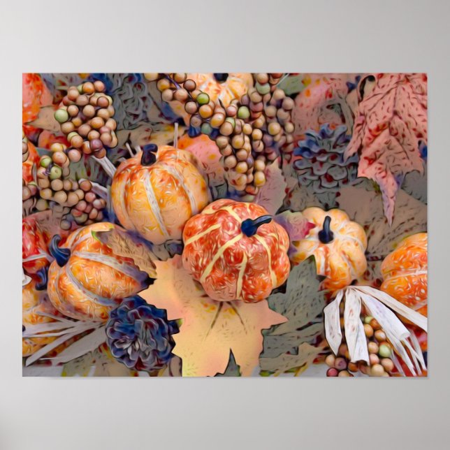 Poster Citrouille Automne Orange Feuille peinture numériq (Devant)