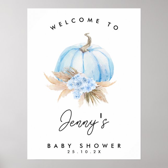 Poster Citrouille bleu Boho Floral Boys Baby shower Bienv (Devant)