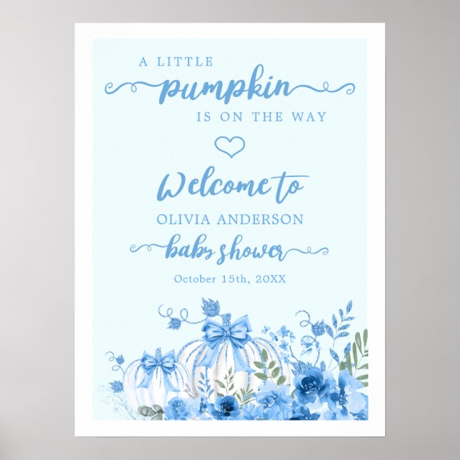 Poster Citrouille bleu Bow Boy Baby shower Bienvenue (Devant)