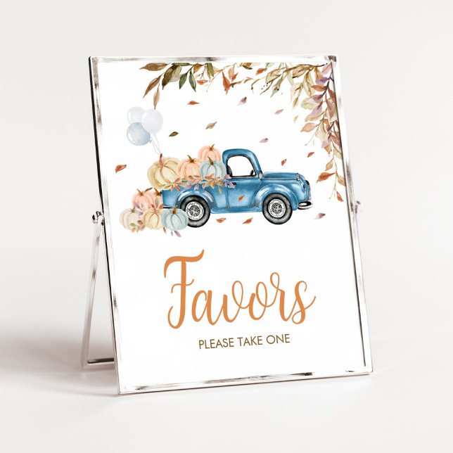 Poster Citrouille Blue Truck Faveurs Baby shower (Boy Little Pumpkin Truck Baby Shower Favors Sign)