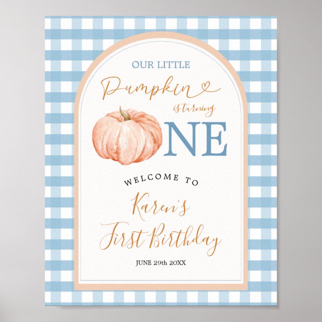 Poster Citrouille Boho Blue En vichy 1er anniversaire Bie (Devant)