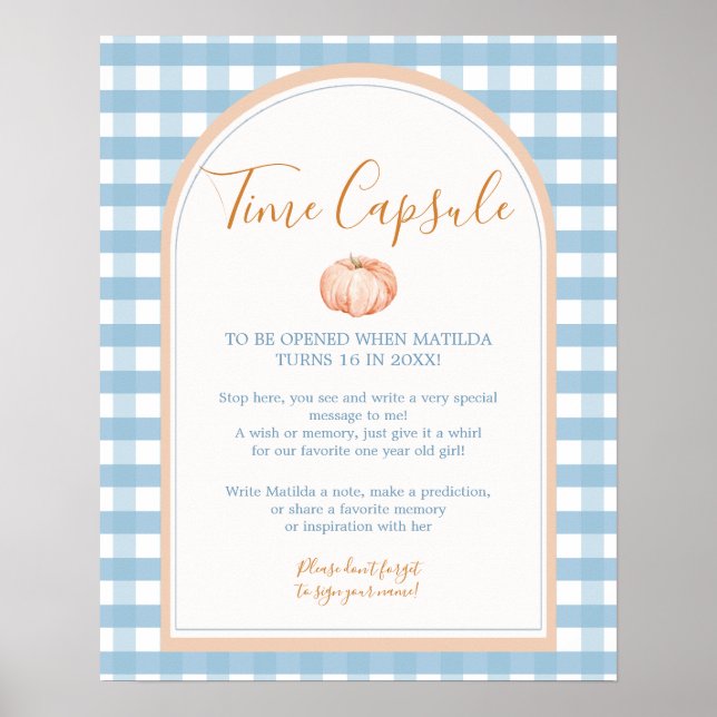 Poster Citrouille Boho Blue En vichy Anniversaire Heure C (Devant)