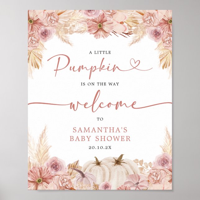 Poster Citrouille Boho Pampas Rose Baby shower en herbe B (Devant)