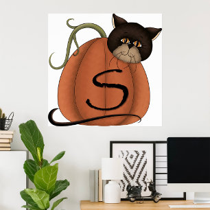 Poster Citrouille Chat Noir Lettre S Halloween