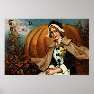 Poster Citrouille de pèlerin feuilles d'automne