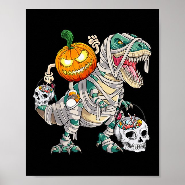 Poster Citrouille équitation Mummy Dinosaur T Rex Hallowe (Devant)