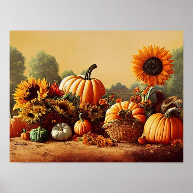 Poster Citrouille et tournesols d'automne (Devant)
