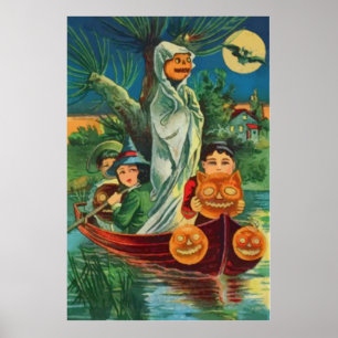 Poster Citrouille fantôme chouette pleine lune