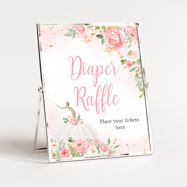 Poster Citrouille Floral Automne Baby shower Déchets Raff (Pink Pumpkin Baby Shower Diaper Raffle Sign)