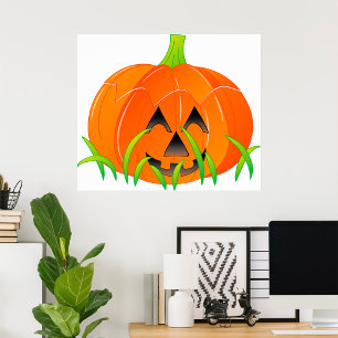 Poster Citrouille Halloween en herbe
