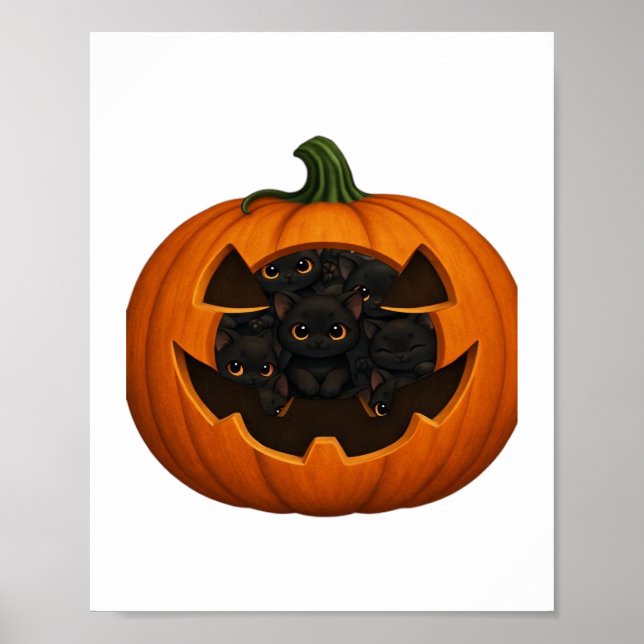 Poster Citrouille plein de chatons - Chat noir mignon Hal (Devant)