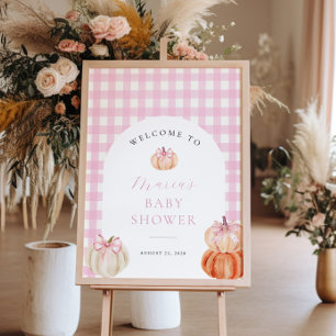 Poster Citrouille rose En vichy Baby shower Bienvenue