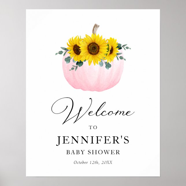 Poster Citrouille rose et Baby shower tournesol Bienvenue (Devant)