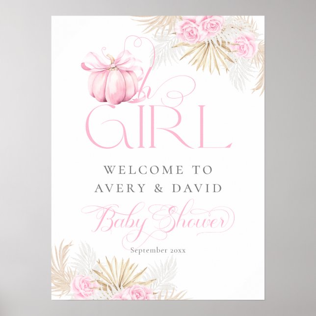 Poster Citrouille rose fille Floral Bow Baby shower Bienv (Devant)