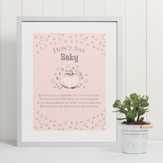 Poster Citrouille rose mignon Ne pas dire Baby shower béb (Cute & Whimsical Fall Baby Shower Game Poster. Frame Not Included. Hand-Drawn Pumpkin in Black Ink.)