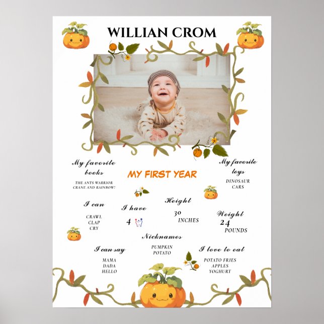 Poster Citrouille souriant mignon 1ère année Anniversaire (Devant)