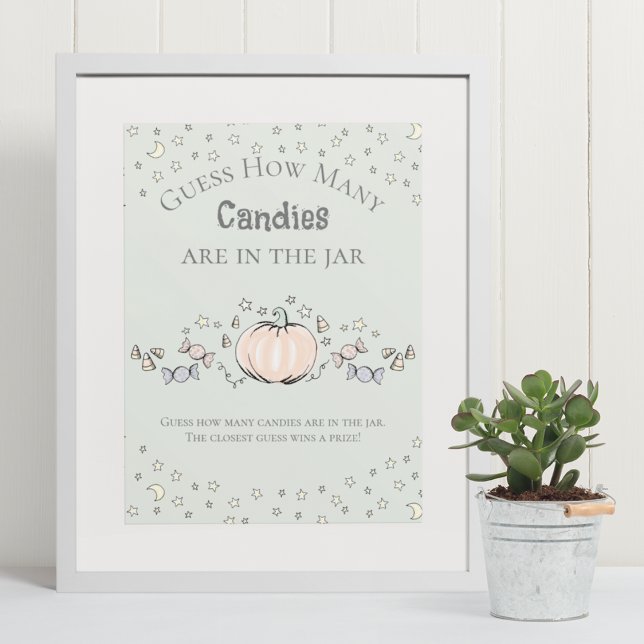 Poster Citrouille Vert Combien de Candies Baby shower Jeu (Elegant & Whimsical Fall Baby Shower Game Poster. Frame Not Included. Hand-Drawn Pumpkin Drawing.)