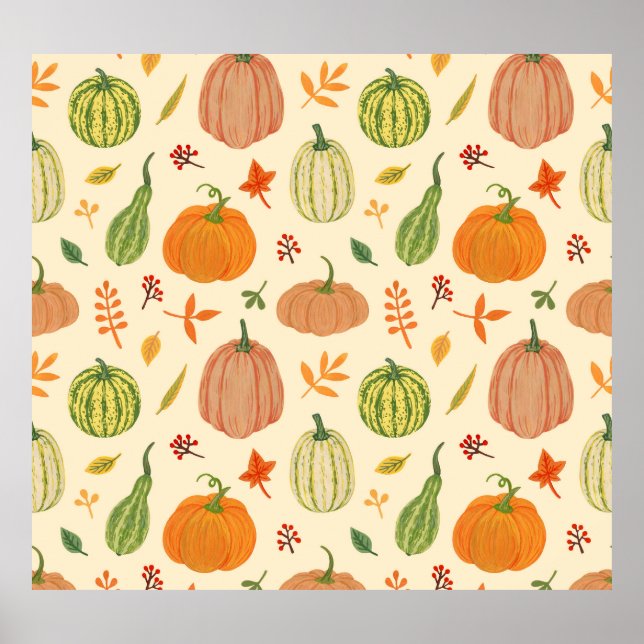 Poster Citrouille vert et orange, motif sans soudure. (Devant)