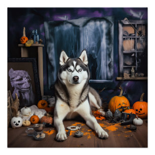 Poster Citrouilles Épouvantables Halloween Husky Sibérien