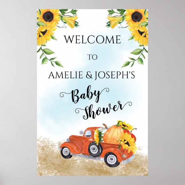 Poster Citrouilles mignons en Camion Automne | Baby showe (Devant)