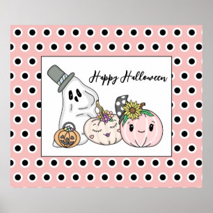 Poster Citrouilles Whimsical d'Halloween rose et Boo