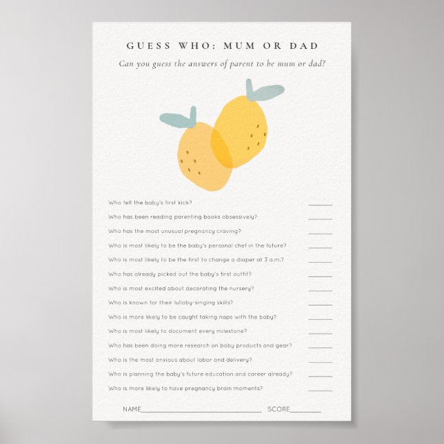 Poster Citrus Citrus Baby shower Devinez Qui maman ou pap (Devant)