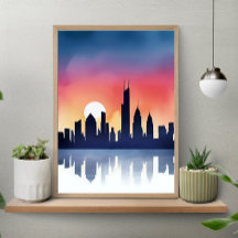 Cityscape Silhouette at Sunset Reflection