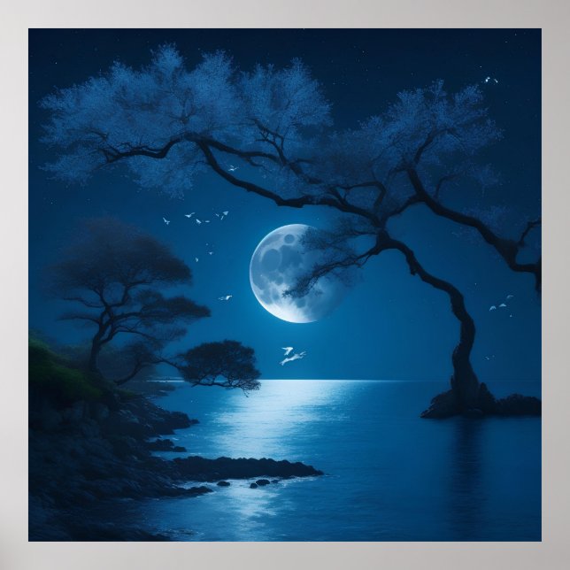 Poster clair de lune avec de beaux arbres naturels (Devant)