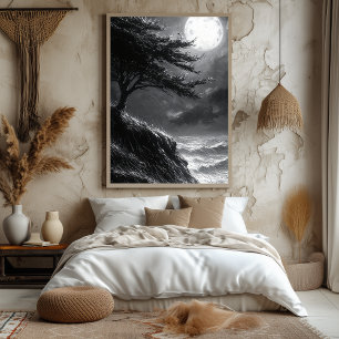 Poster Clair de lune orageux sur une falaise en monochrom