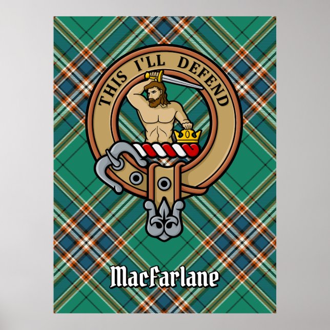 Poster Clan MacFarlane Crest sur Tartan de chasse antique (Devant)