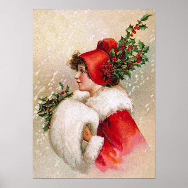 Poster Clapsaddle : Fille d'hiver avec Casquette Holly (Devant)