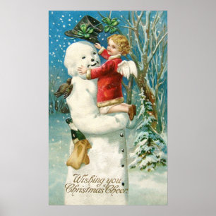 Poster Clapsaddle : Snowman avec fille ange