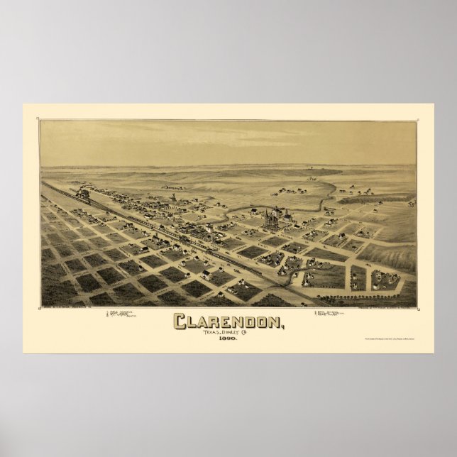 Poster Clarendon, TX Carte panoramique - 1890 (Devant)