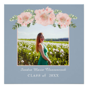 Poster Classe chic Dusty Blue Rose floral graduation 2021
