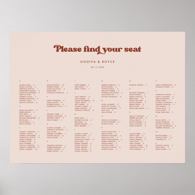 Poster Classement alphabétique élégant Peach Pink (Devant)
