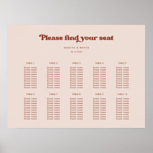 Poster Classement élégant rétro Peach Pink Mariage