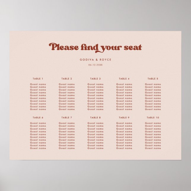 Poster Classement élégant rétro Peach Pink Mariage (Devant)