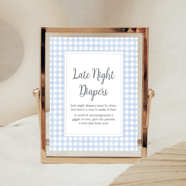Poster Classic Blue En vichy Late Night Diapers (Boy Gingham Baby Shower Late Night Diapers Sign)