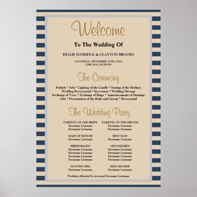 Poster Classic Blue Stripes programme de mariage encadré (Devant)