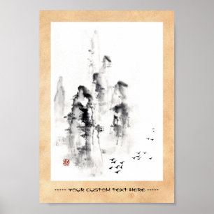 Poster Classic chinois oriental sumi-e rose scène de mont