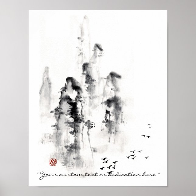 Poster Classic chinois oriental sumi-e rose scène de mont (Devant)