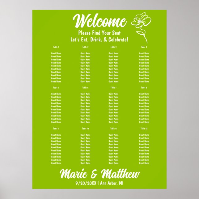 Poster Classic Citrus Green Floral Wedding Seating Chart (Devant)