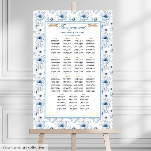 Poster Classic Dusty Bleu Boho Parties scintillant Or Tab (Classic Dusty Blue Boho Gold Glitter Seating Chart)