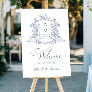 Poster Classic Floral Crest Dusty Blue Mariage Bienvenue